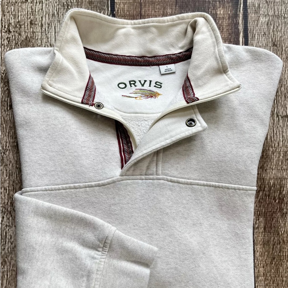 ORVIS FLY FISHING 1/4 ZIP SNAP PULLOVER SWEATER IVORY MENS LARGE EXCELLENT